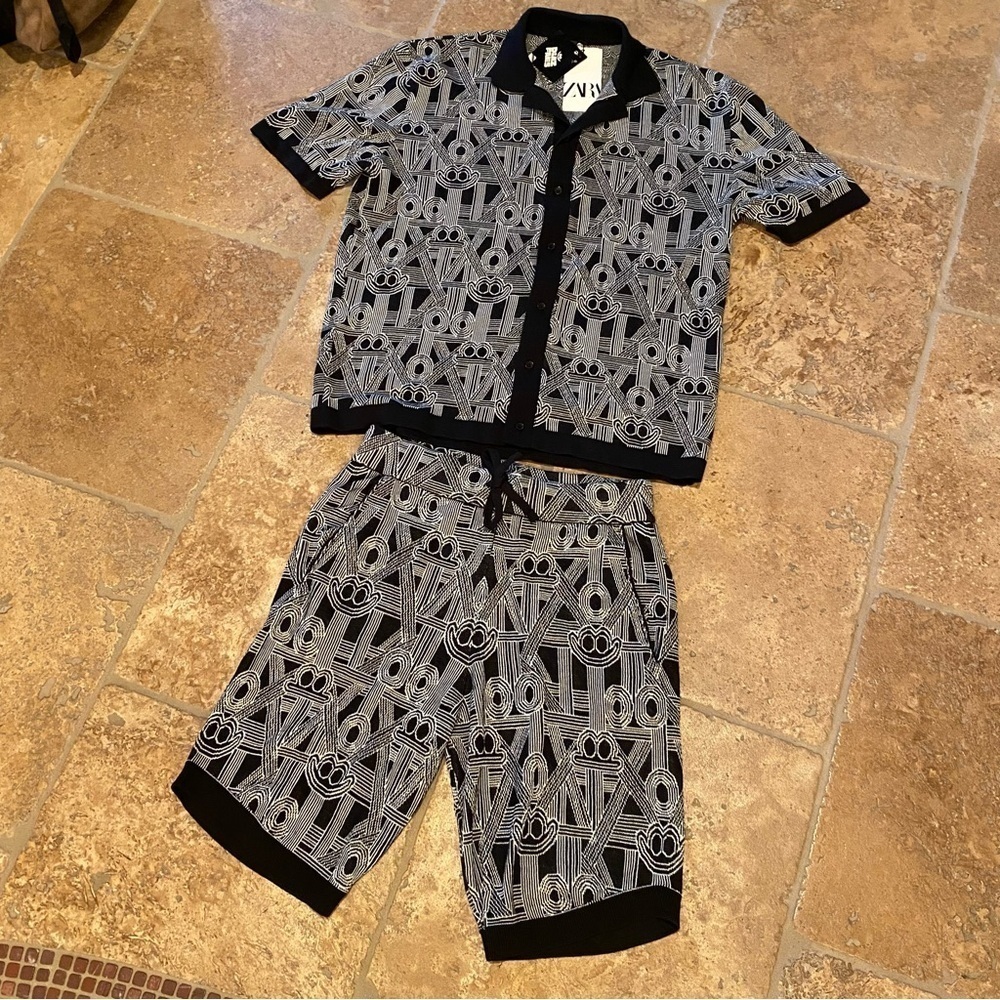 NWT~ZARA x DIAZ FAES Men Black White Patterned 2-Piece Set Top (M) Shorts (S)